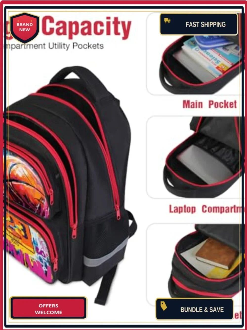 Boys Basketball Backpack Set with Lunch Bag, Water Resistant Oxford Polyester,
